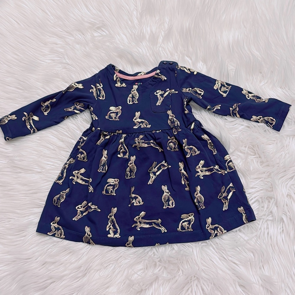 Baby Boden Bunny Dress | 18–24 Months | Navy Long Sleeve Rabbit Print